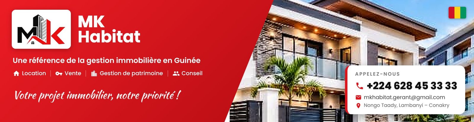 MK Habitat, agence immobilière à Conakry : location, vente, gestion de patrimoine. +224 628 45 33 33